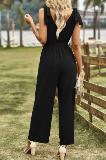 Kadın Omuzlardan Bağlamalı V Yakalı Beli Kuşaklı Aerobin Tulum - 2XL-3XL - Siyah