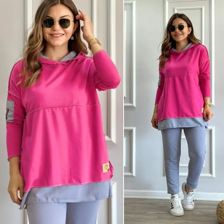 Kadın Pembe Kapşonlu Etek Ucu Detay Arma Ters Dikiş Gorunumlu Ikili Takım - S-M - Pembe