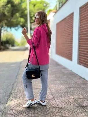 Kadın Pembe Kapşonlu Etek Ucu Detay Arma Ters Dikiş Gorunumlu Ikili Takım - S-M - Pembe