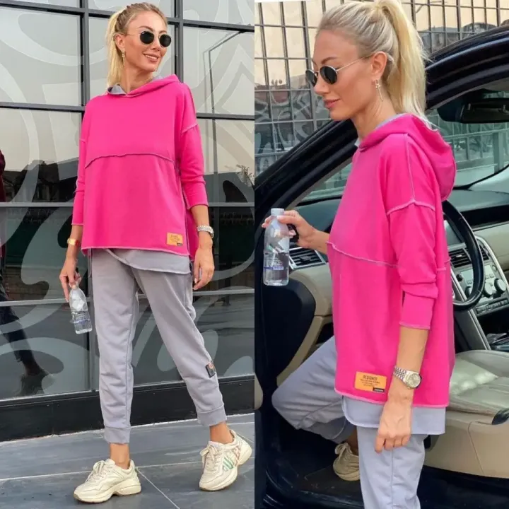 Kadın Pembe Kapşonlu Etek Ucu Detay Arma Ters Dikiş Gorunumlu Ikili Takım - 5XL - Pembe