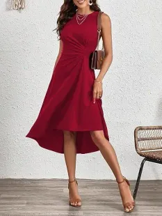 Kadın Sıfır Kollu Bisiklet Yaka Büzgülü Asimetrik Kesim Detaylı Janjan Krep Elbise - 2XL-3XL - Kırmızı