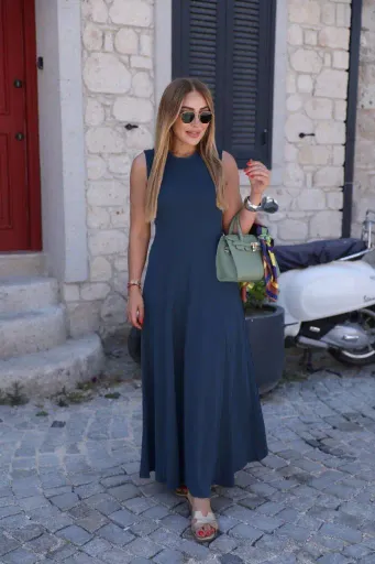 Kadın Sıfır Kollu Bisiklet Yaka Viskon Elbise - L-XL - Mavi