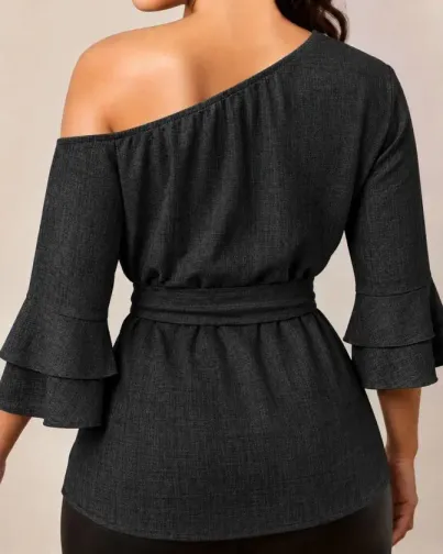 Kadın Tek Omuzdan Acık Truvakar Kollu Belden Kuşaklı Sofya Bluz - 2XL-3XL - Siyah