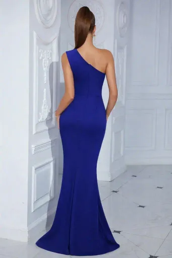 Kadın Tek Omuzdan Askılı Derin Yırtmaçlı Uzun Ithal Krep Elbise - 2XL-3XL - Saks Mavi