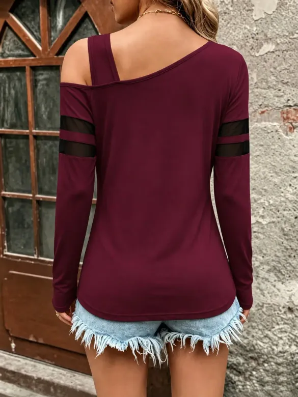 Kadın Tek Omuzdan Askılı Uzun Kollu şerit Tül Detaylı Viskon Bluz - S-M - Bordo