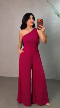 Kadın Tek Omuzdan Büzgü Detaylı Geniş Paçalı Uzun Sandy Tulum - 2XL-3XL - Kırmızı