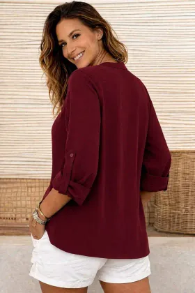 Kadın Truvakar Kol Hakim Yakalı Yandan Düğme Detaylı Aerobin Bluz - L-XL - Bordo