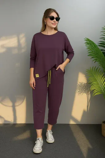 Kadın Uzun Kollu Arma Detaylı Iki Iplik Viskon Ikili Takım - 2XL-3XL - Bordo