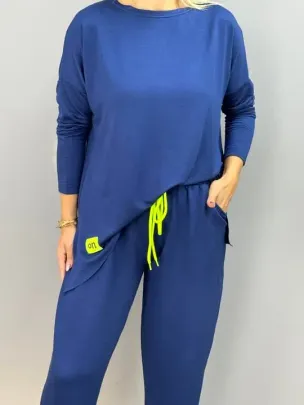 Kadın Uzun Kollu Arma Detaylı Iki Iplik Viskon Ikili Takım - 2XL-3XL - Lacivert