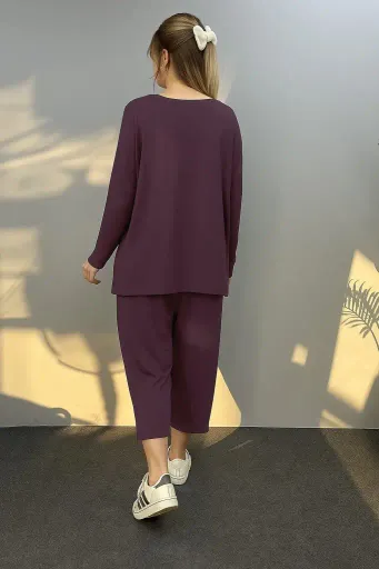 Kadın Uzun Kollu Arma Detaylı Iki Iplik Viskon Ikili Takım - L-XL - Bordo