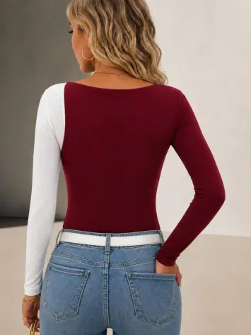 Kadın Uzun Kollu Asimetrik Yaka Detaylı çift Renklı Viskon Bluz - 2XL-3XL - Bordo