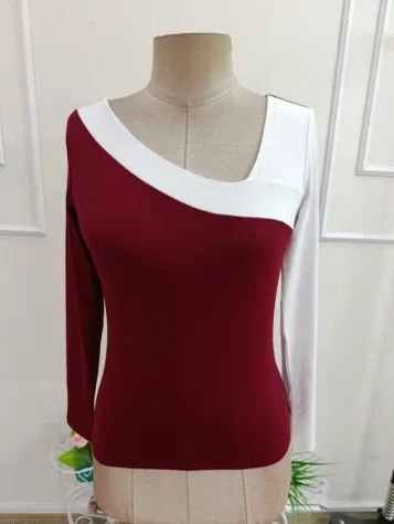 Kadın Uzun Kollu Asimetrik Yaka Detaylı çift Renklı Viskon Bluz - L-XL - Bordo
