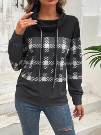 Kadın Uzun Kollu Balıkçı Yaka Bağcıklı Desenli şardonlu Dalgıç Bluz - 2XL-3XL - Siyah