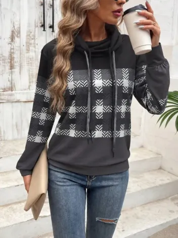 Kadın Uzun Kollu Balıkçı Yaka Bağcıklı Desenli şardonlu Dalgıç Bluz - 2XL-3XL - Siyah