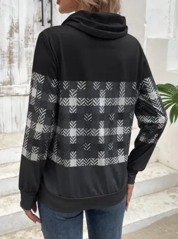Kadın Uzun Kollu Balıkçı Yaka Bağcıklı Desenli şardonlu Dalgıç Bluz - 2XL-3XL - Siyah