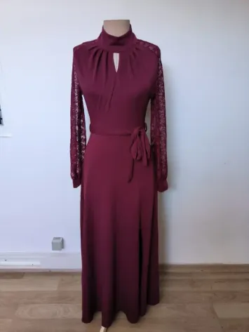 Kadın Uzun Kollu Balıkçı Yaka Damla Detaylı Kuşaklı Yırtmaçlı Uzun Janjan Krep Elbise - L-XL - Bordo