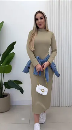 Kadın Uzun Kollu Balıkçı Yakalı Yanlardan Yırtmaçlı Kaşkorse Maxi Elbise
