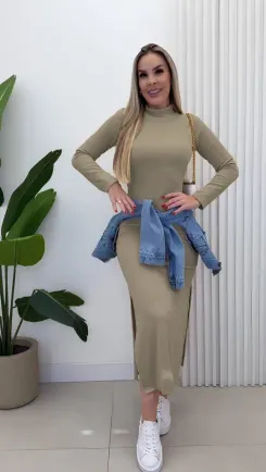 Kadın Uzun Kollu Balıkçı Yakalı Yanlardan Yırtmaçlı Kaşkorse Maxi Elbise - L-XL - Bej