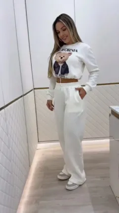 Kadın Uzun Kollu Bisiklet Yaka Desenli Iki Iplik şardonlu Bluz Ve Pantolon Ikili Takım