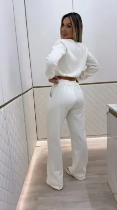 Kadın Uzun Kollu Bisiklet Yaka Desenli Iki Iplik şardonlu Bluz Ve Pantolon Ikili Takım