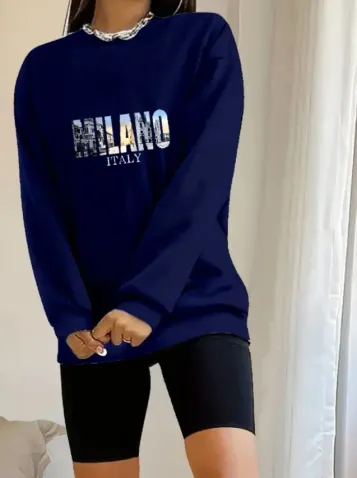 Kadın Uzun Kollu Bisiklet Yaka Desenli Viskon Iki Iplik Bluz - 2XL-3XL - Lacivert