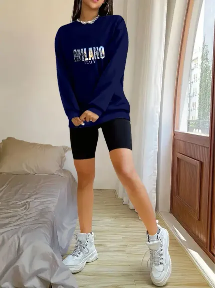 Kadın Uzun Kollu Bisiklet Yaka Desenli Viskon Iki Iplik Bluz - L-XL - Lacivert