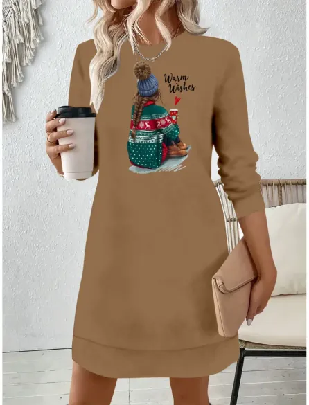 Kadın Uzun Kollu Bisiklet Yaka Desenli Viskon Iki Iplik Elbise - 2XL-3XL - Bej