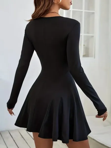 Kadın Uzun Kollu Bisiklet Yaka Kısa Modal Elbise - 2XL-3XL - Siyah