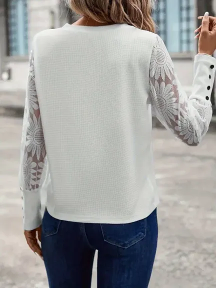 Kadın Uzun Kollu Bisiklet Yaka Kolları çiçekli Waffle Bluz - 2XL-3XL - Beyaz