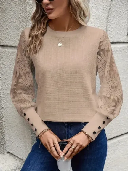 Kadın Uzun Kollu Bisiklet Yaka Kolları çiçekli Waffle Bluz - 2XL-3XL - Bej