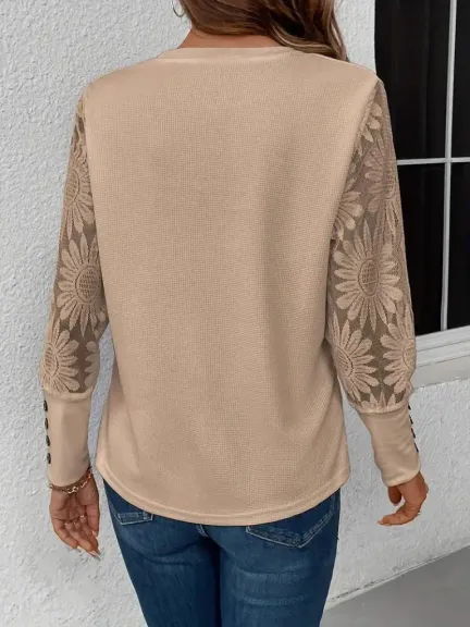 Kadın Uzun Kollu Bisiklet Yaka Kolları çiçekli Waffle Bluz - 2XL-3XL - Bej