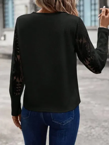 Kadın Uzun Kollu Bisiklet Yaka Kolları çiçekli Waffle Bluz - L-XL - Siyah