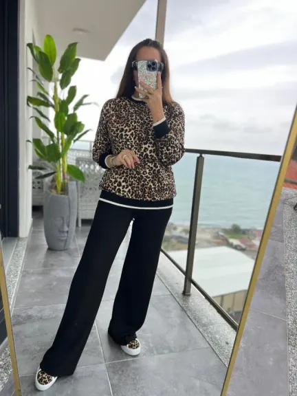 Kadın Uzun Kollu Bisiklet Yaka Leopar Desenli Iki Iplik Bluz Ve Viskon Iki Iplik Pantolon Ikili Takım - 2XL-3XL - Leopar