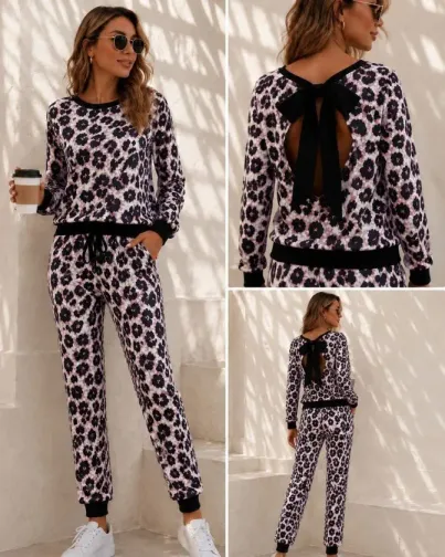 Kadın Uzun Kollu Bisiklet Yakalı Arkadan Fiyonklu Iki Iplik Bluz Ve Pantolon Ikili Takım - L-XL - Leopar