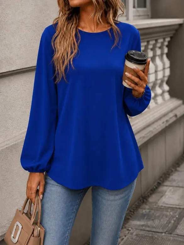 Kadın Uzun Kollu Bisiklet Yakalı Janjan Krep Bluz - L-XL - Saks Mavi