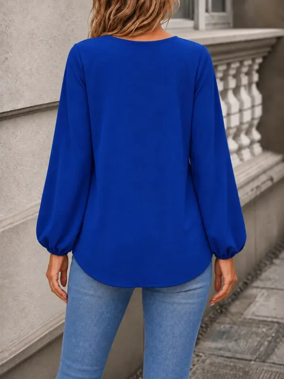 Kadın Uzun Kollu Bisiklet Yakalı Janjan Krep Bluz - L-XL - Saks Mavi