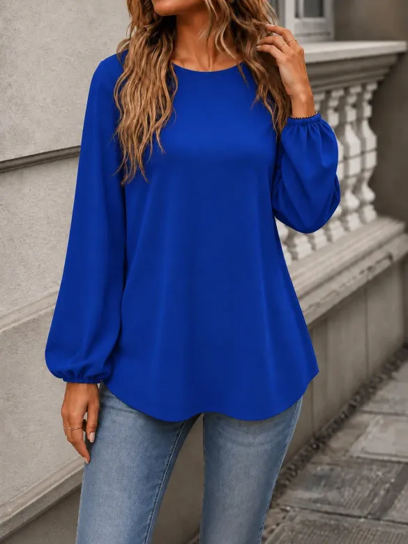 Kadın Uzun Kollu Bisiklet Yakalı Janjan Krep Bluz - L-XL - Saks Mavi
