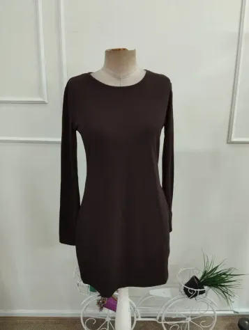 Kadın Uzun Kollu Bisiklet Yakalı Kısa Modal Elbise - L-XL - Kahve