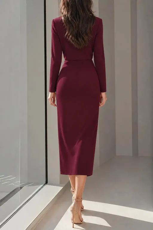 Kadın Uzun Kollu Bisiklet Yakalı Yandan Yırtmaçlı Düğmeli Midi Dar Kesim Ithal Krep Elbise - 2XL-3XL - Bordo