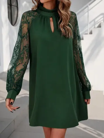 Kadın Uzun Kollu Damla Detaylı Sandy Mini Elbise - L-XL - Yeşil