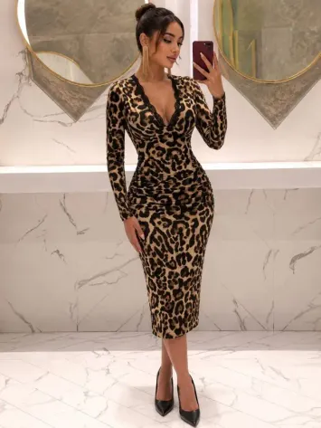 Kadın Uzun Kollu Dantel Yakalı Arkadan Yırtmaçlı Desenli Midi Elbise - L-XL - Leopar