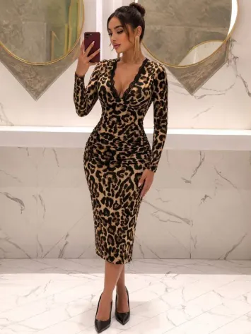 Kadın Uzun Kollu Dantel Yakalı Arkadan Yırtmaçlı Desenli Midi Elbise - L-XL - Leopar