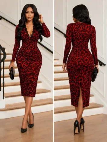 Kadın Uzun Kollu Dantel Yakalı Arkadan Yırtmaçlı Desenli Midi Elbise - 2XL-3XL - Bordo