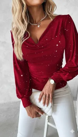 Kadın Uzun Kollu Degaje Yaka Taşlı Sandy Bluz - 2XL-3XL - Kırmızı