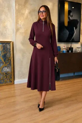 Kadın Uzun Kollu Fermuarlı Kiloş Midi Viskon Iki Iplik Elbise - 2XL-3XL - Bordo