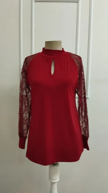 Kadın Uzun Kollu Göğüs Pencere Detay Yaka Boğazlı Kolları Tüllü Sandy Bluz - 2XL-3XL - Bordo