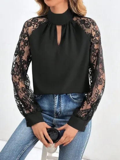Kadın Uzun Kollu Göğüs Pencere Detay Yaka Boğazlı Kolları Tüllü Sandy Bluz - 2XL-3XL - Siyah