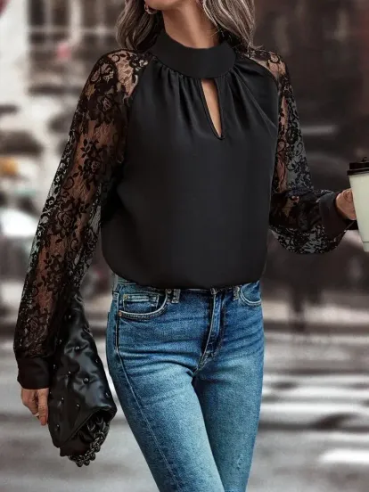 Kadın Uzun Kollu Göğüs Pencere Detay Yaka Boğazlı Kolları Tüllü Sandy Bluz - 2XL-3XL - Siyah