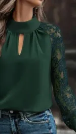 Kadın Uzun Kollu Göğüs Pencere Detay Yaka Boğazlı Kolları Tüllü Sandy Bluz - L-XL - Yeşil