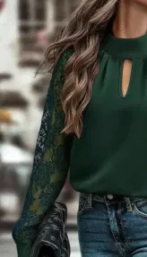 Kadın Uzun Kollu Göğüs Pencere Detay Yaka Boğazlı Kolları Tüllü Sandy Bluz - L-XL - Yeşil